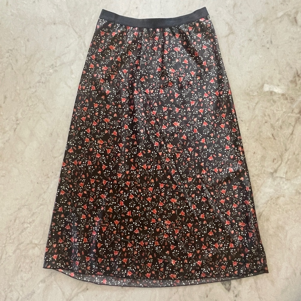 Black and red rose floral satin midi skirt
